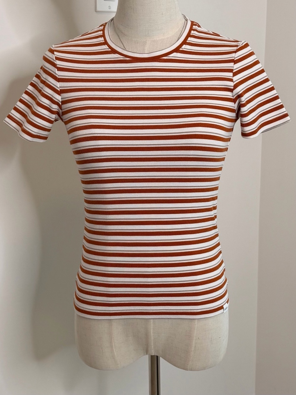 Ribbed Crewneck Short-Sleeve Tee in Rust and White